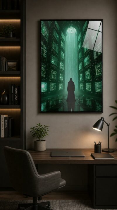 A lone figure stands beneath a cascade of green code, surrounded by towering walls of glowing monitors in a cathedral of data.