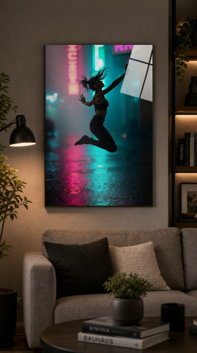A lone figure caught mid-leap against neon haze, her silhouette arcing through wet city light in blue, magenta and green.
