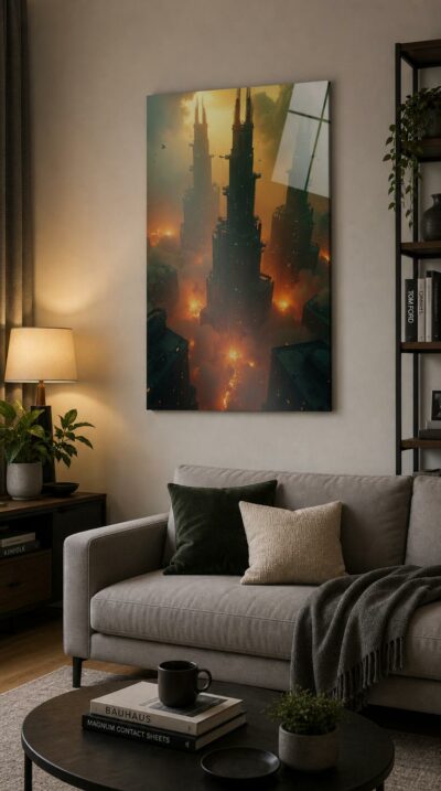 An aerial plunge over towering spires wreathed in fire and smoke, where a last city burns and resists beneath a glowing, ash-laden sky.
