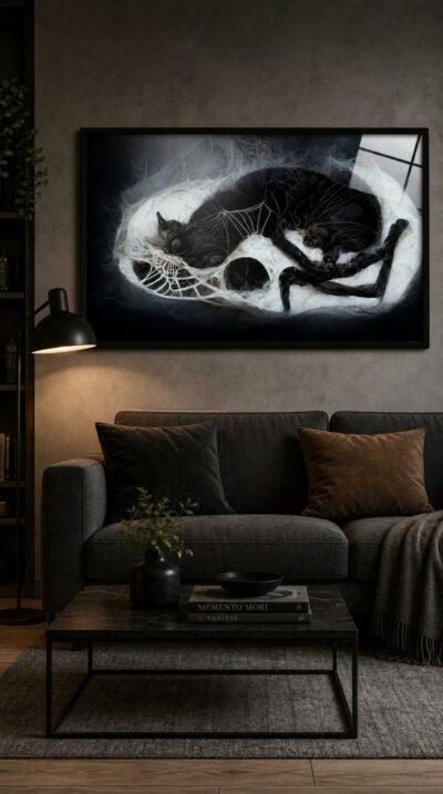 A black cat and its skeletal twin curl together within a nest of cobweb and bone, dark fur and pale ivory locked in quiet, unsettling balance.