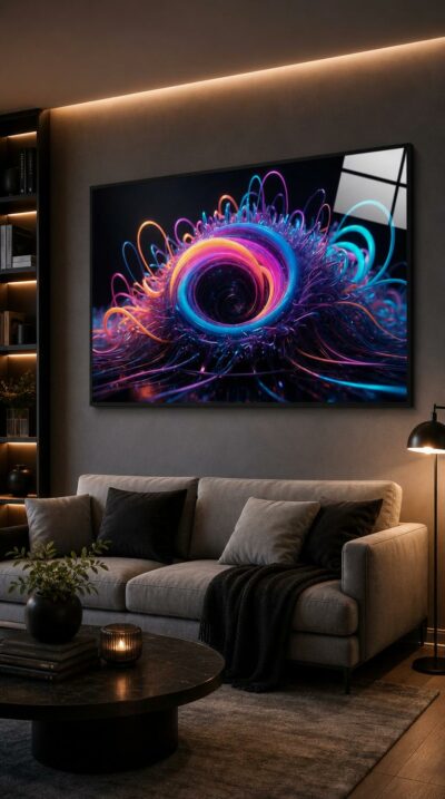 A luminous vortex of neon filaments spirals into a glowing core, where streams of light coil and scatter against an endless dark.