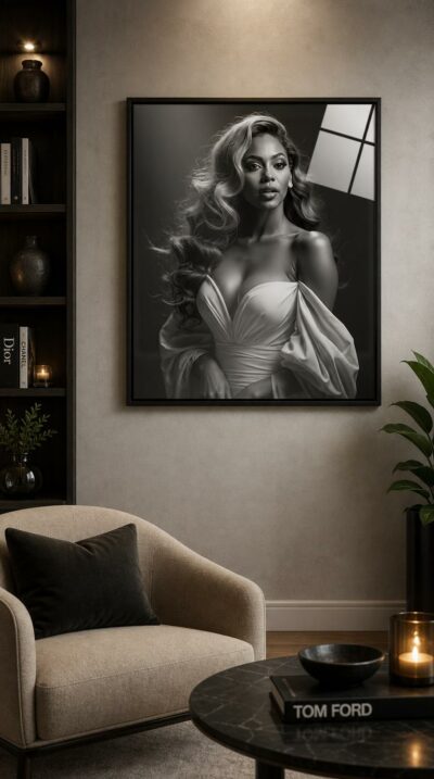 A radiant black-and-white portrait of a poised diva, her waved hair catching the light as a satin gown slips from one shoulder.