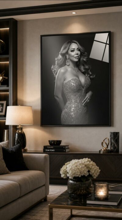 A black-and-white studio portrait of a luminous diva in a glittering gown and diamonds, poised between classic Hollywood glamour and contemporary stardom.
