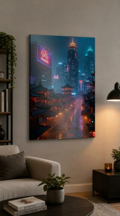 A rain-slicked cyberpunk avenue where curved pagoda roofs nestle beneath towering neon skyscrapers, the whole city breathing in blue and crimson light.