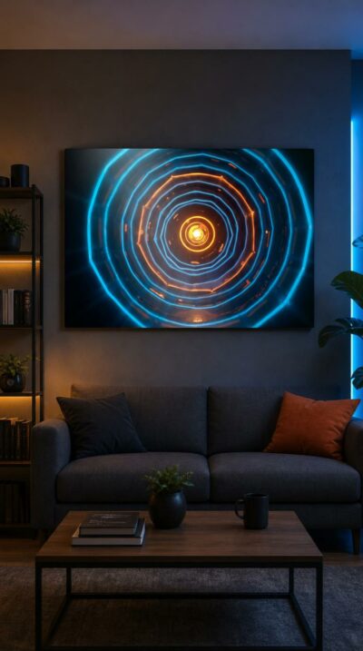 Concentric rings of electric blue spiral inward toward a molten core of golden light, drawing the eye through an endless luminous tunnel.