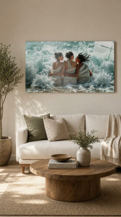 Three women in wet white silk lean together at the shoreline as an emerald wave breaks, white spray spiralling around them in bright clear light.