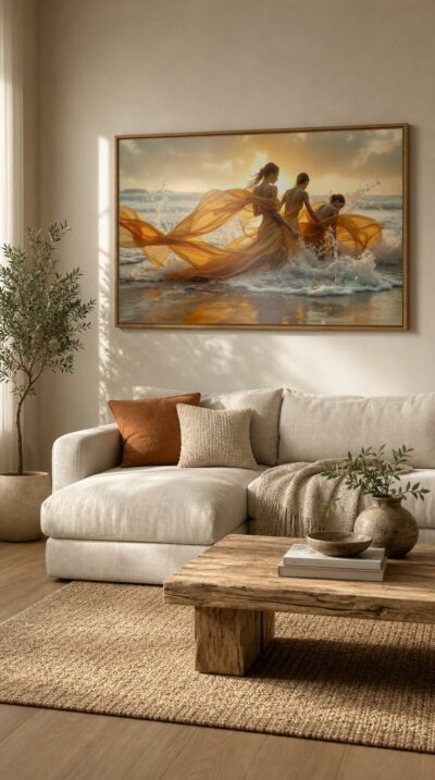 Three figures move like dancers through breaking surf at sunset, wrapped in wet amber silk as spray spirals into molten light around them.