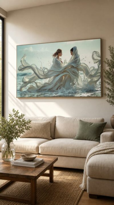 Two figures lean close in wet pearl-white silk while pale aqua spray spirals around them through a luminous coastal dawn.