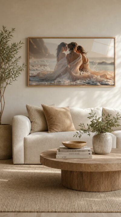 Three figures lean together in wet cream silk as pale spray spirals around them through a soft rose mist at first light.