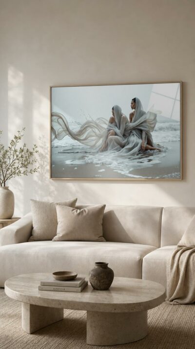 Two veiled figures kneel on wet sand, wrapped in pale-grey silk that unfurls into spray and sea foam beneath a soft silver sky.