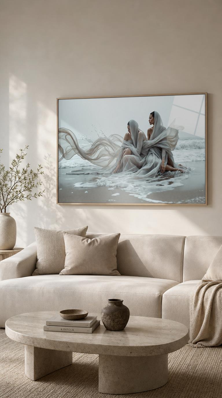 Two veiled figures kneel on wet sand, wrapped in pale-grey silk that unfurls into spray and sea foam beneath a soft silver sky.