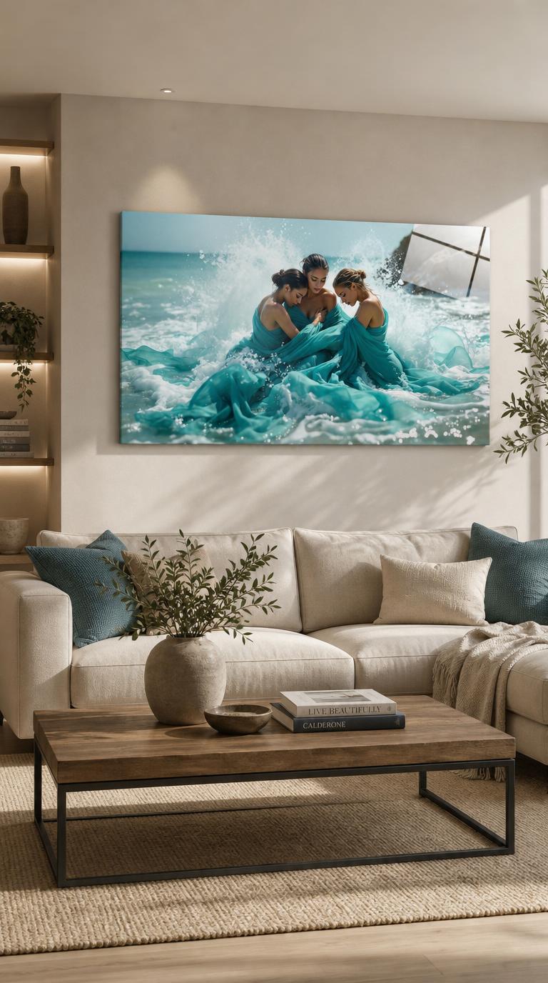 Three women in wet teal silk lean together in shallow surf as white spray spirals around them under bright noon light.