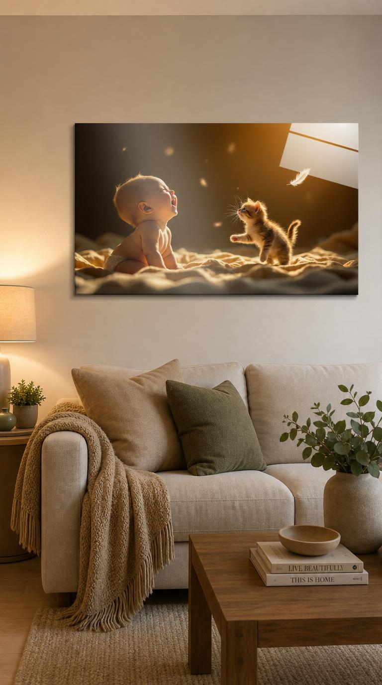 A baby dissolves into laughter while a kitten leaps to bat at a single feather drifting through warm honey light.
