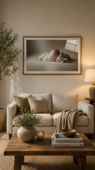 A sleeping baby and a tabby kitten nestle cheek to cheek on soft fabric, bathed in hushed, diffused light.