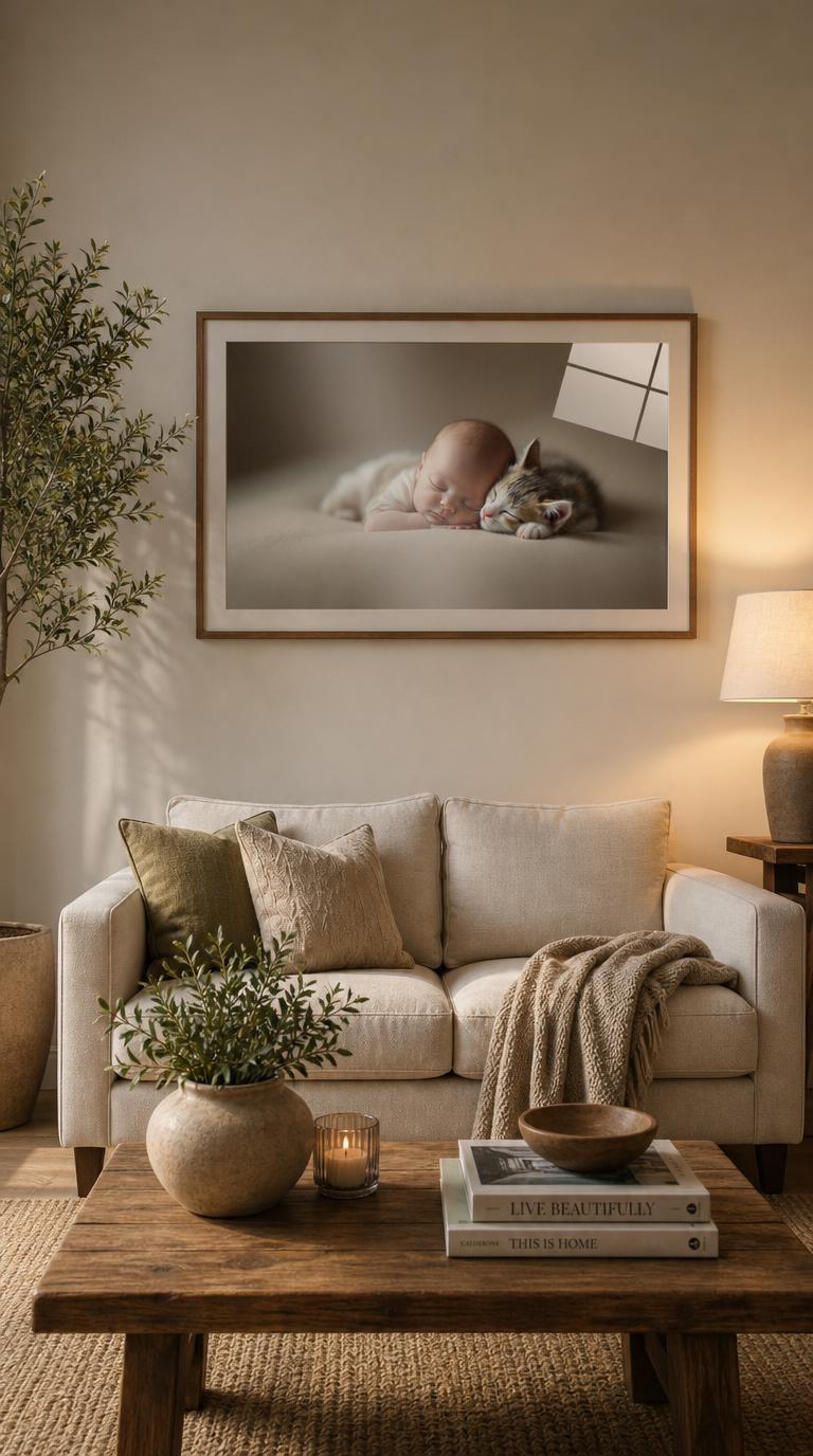 A sleeping baby and a tabby kitten nestle cheek to cheek on soft fabric, bathed in hushed, diffused light.