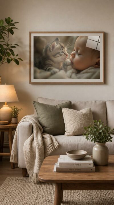 A kitten's soft paw rests on a sleeping baby's nose, both held perfectly still in a tender, golden-lit close-up.
