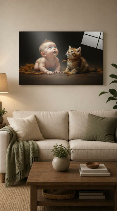 A baby and a kitten bound by a single loop of golden yarn, both gazing upward with matching wide-eyed wonder.