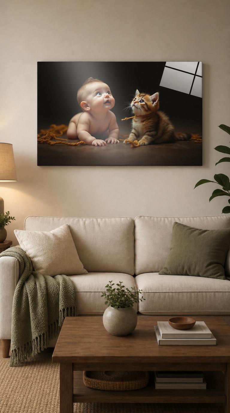 A baby and a kitten bound by a single loop of golden yarn, both gazing upward with matching wide-eyed wonder.