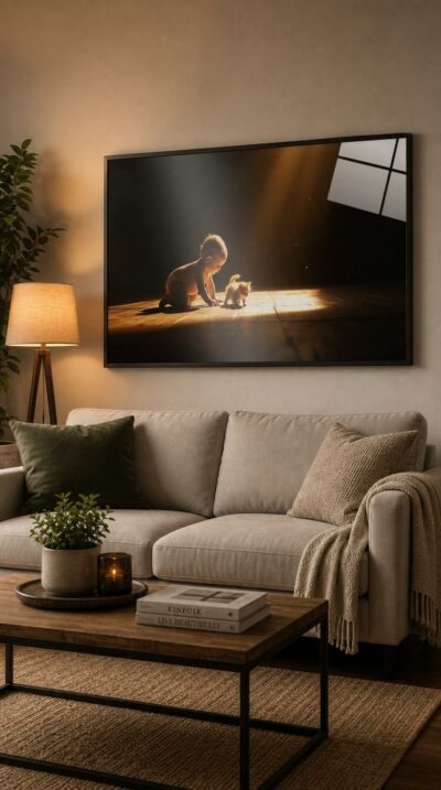 A crawling baby and a ginger kitten set off together across a shadowed floor toward a single warm beam of light.