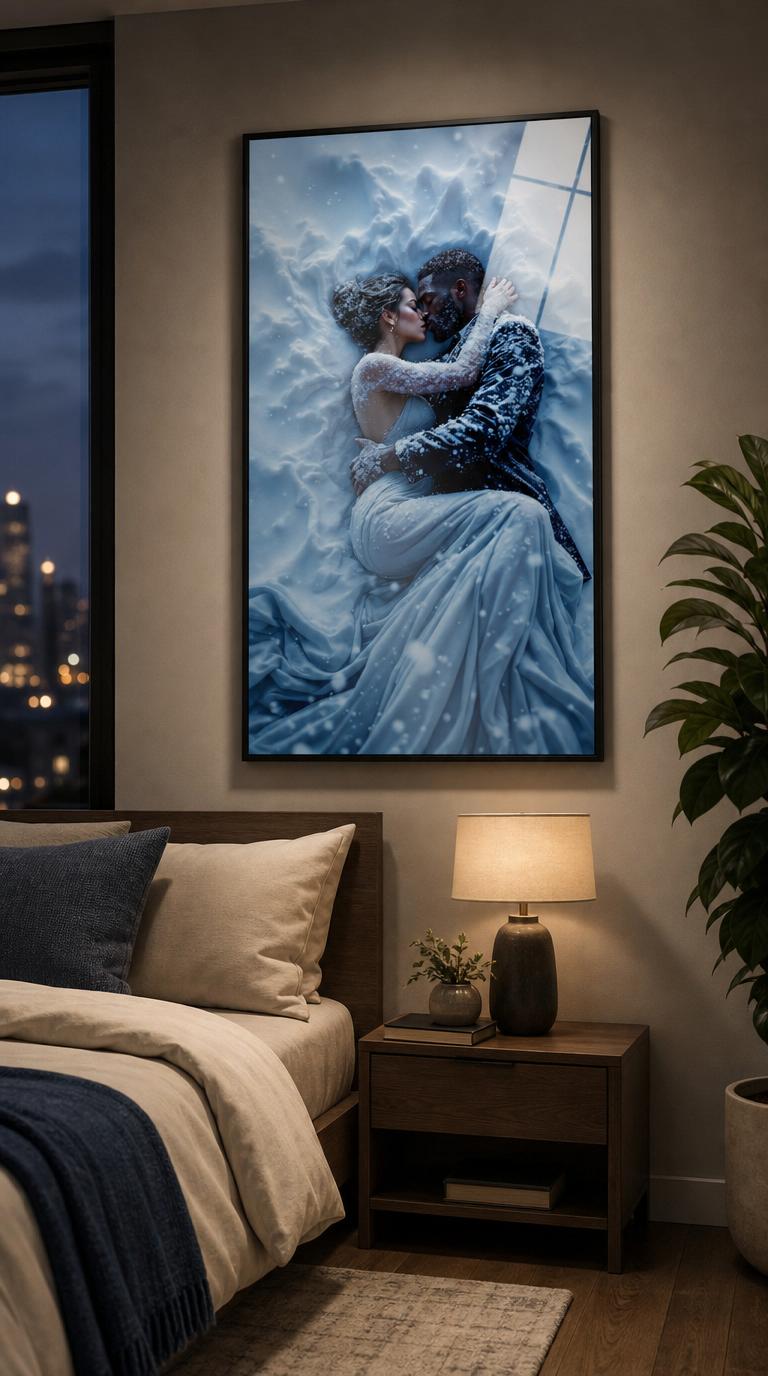 A couple kisses with abandon as winter snow swirls around them, their entwined bodies nearly dissolving into drifting white and deep shadow.