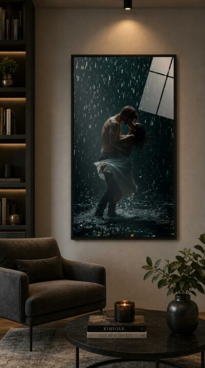 Two lovers lock in a fierce embrace as silver rain falls around them, her white dress swirling against the dark water below.
