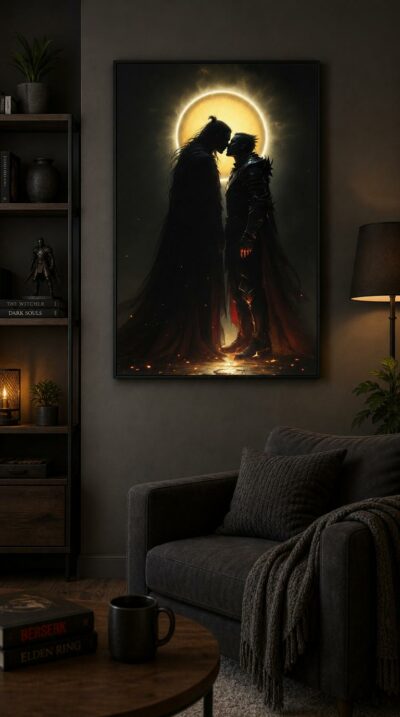 Silk and armour meet in a charged embrace, one figure washed in scarlet firelight, the other crowned by a golden halo where two lights collide.