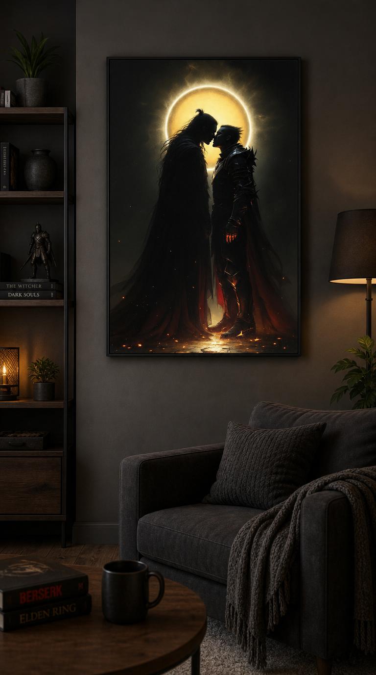 Silk and armour meet in a charged embrace, one figure washed in scarlet firelight, the other crowned by a golden halo where two lights collide.