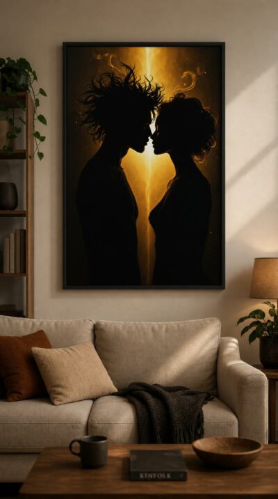 Two silhouettes lean toward an almost-kiss, framed by a vertical seam of golden light, wild hair meeting soft curls in the warm dark.