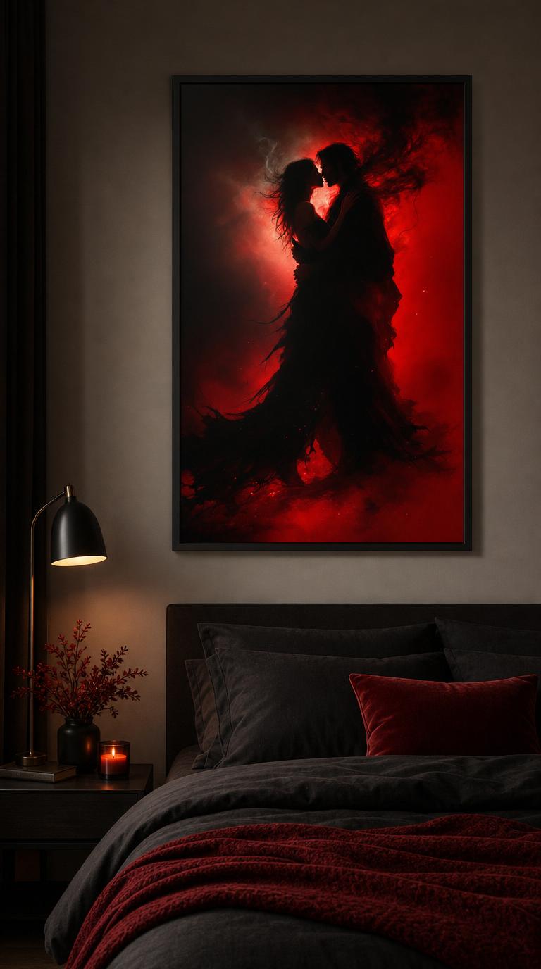 Two lovers fold into a single silhouette against a burning red dusk, his hands unraveling into smoke as their lips draw close.