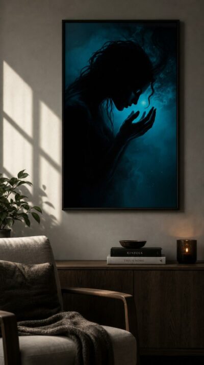 A serpent-haired figure leans toward cupped hands and a single point of light, her face inches from a kiss that can never be given, drowned in spectral cyan.