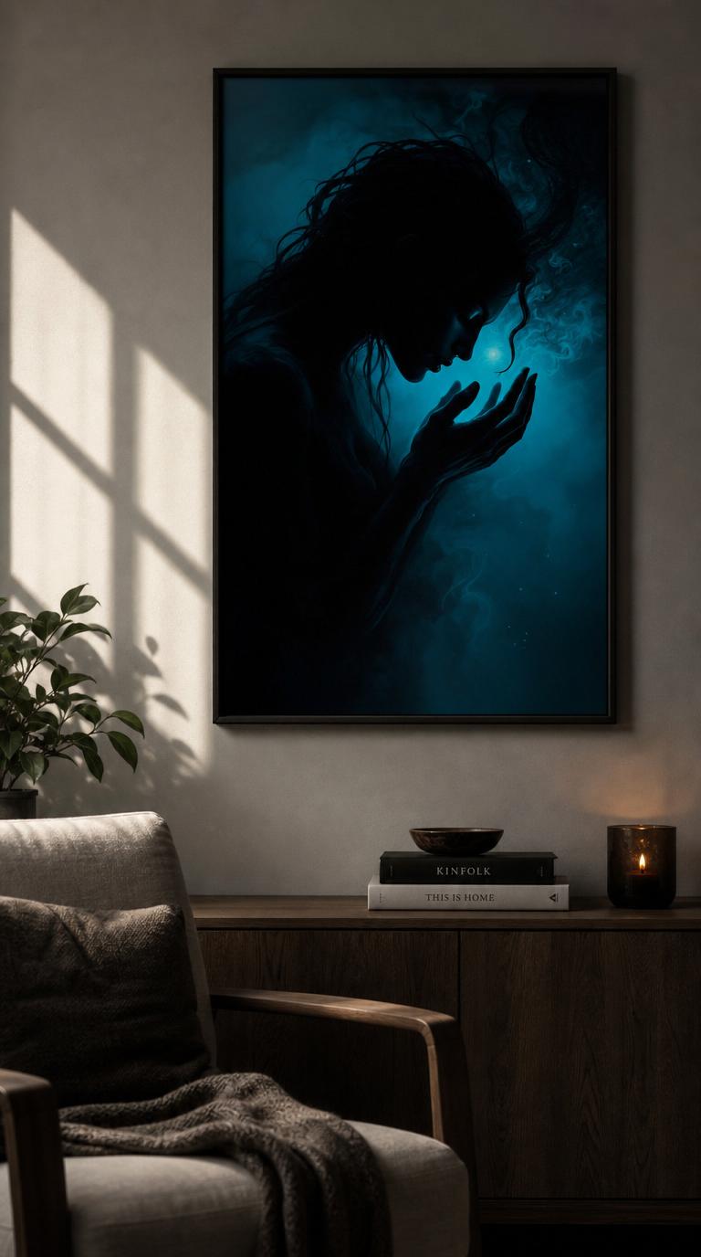 A serpent-haired figure leans toward cupped hands and a single point of light, her face inches from a kiss that can never be given, drowned in spectral cyan.