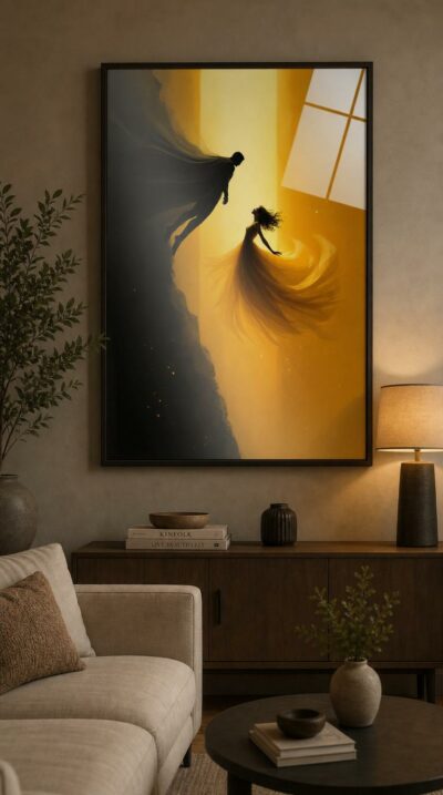 A caped figure dives from darkness toward an upturned woman whose luminous gown swirls into the light, the two meeting mid-air against a radiant golden glow.