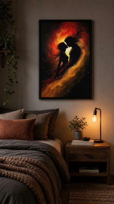 Two silhouetted lovers lean into a kiss, lit from within by a white core, their hair dissolving into spiralling clouds of gold and crimson fire.