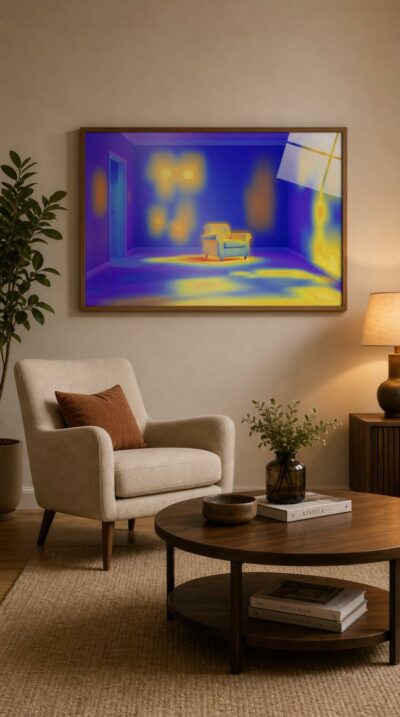 An empty room rendered in thermal false-color, where sun-warm rectangles and the lingering glow of an absent armchair hover like tender phantoms.