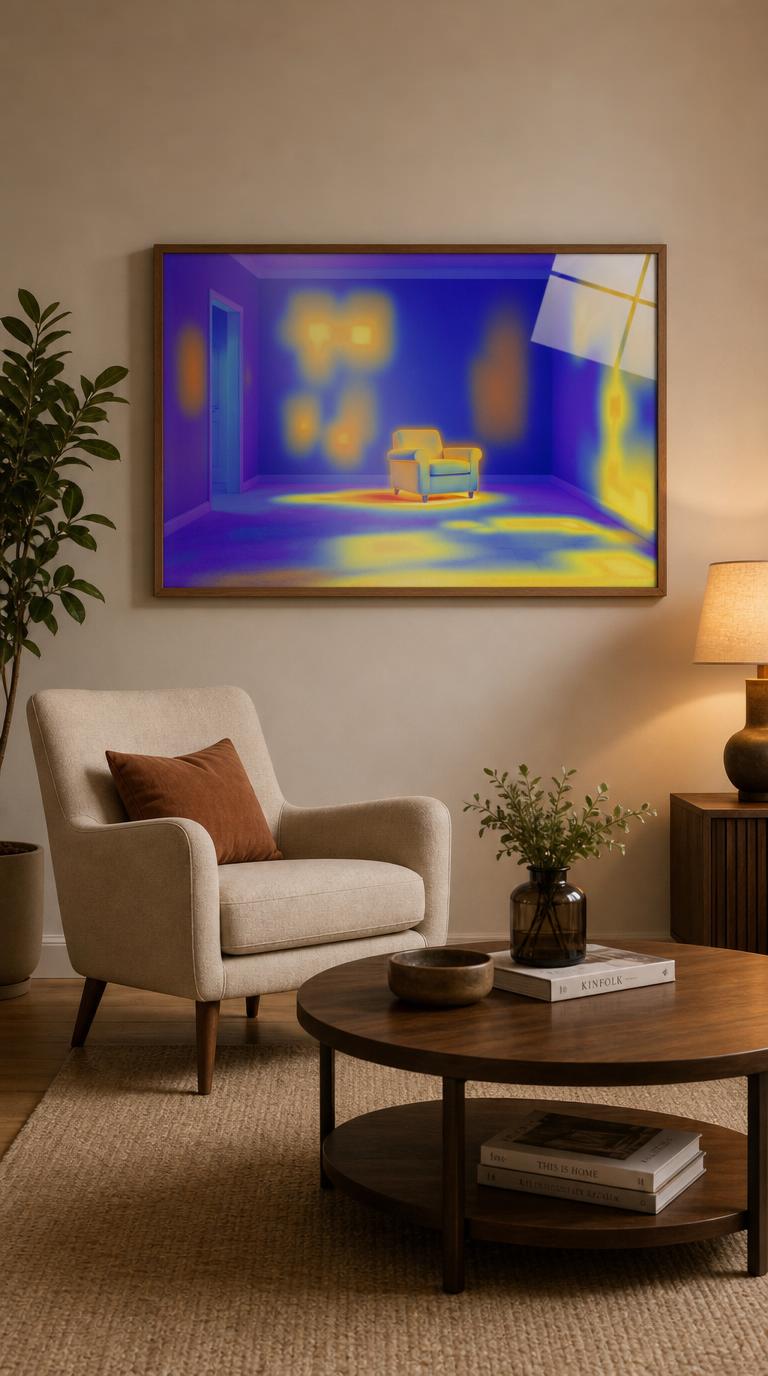 An empty room rendered in thermal false-color, where sun-warm rectangles and the lingering glow of an absent armchair hover like tender phantoms.