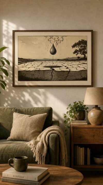 A single raindrop meets cracked, sun-baked earth, its scent exploding into spiralling vapours mapped by dotted callouts in the manner of an old engraving.