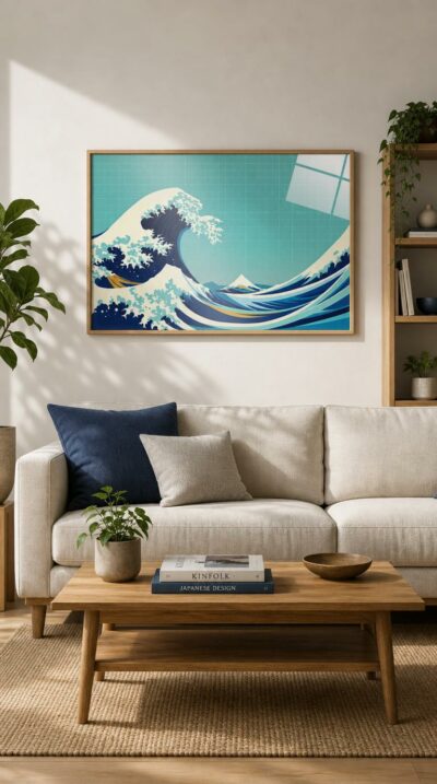 Two great waves crash toward each other across a faint grid sky, an Edo woodblock sea reborn as opposing waveforms of indigo, teal and foam-white.