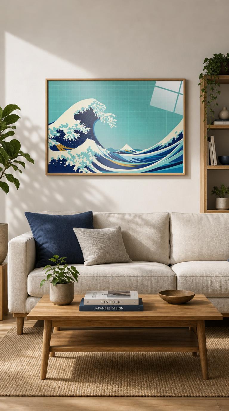 Two great waves crash toward each other across a faint grid sky, an Edo woodblock sea reborn as opposing waveforms of indigo, teal and foam-white.