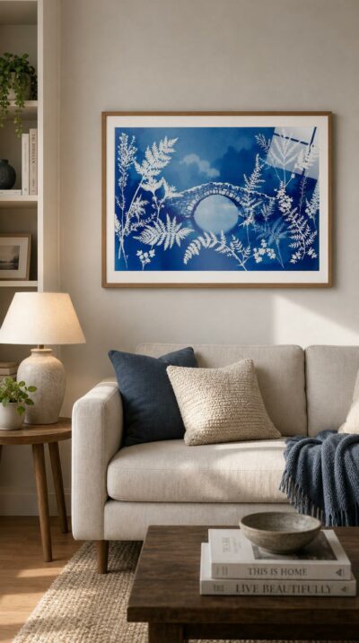 A single stone bridge layered four times across the seasons, its ghostly arches and pressed ferns glowing white against deep Prussian blue.