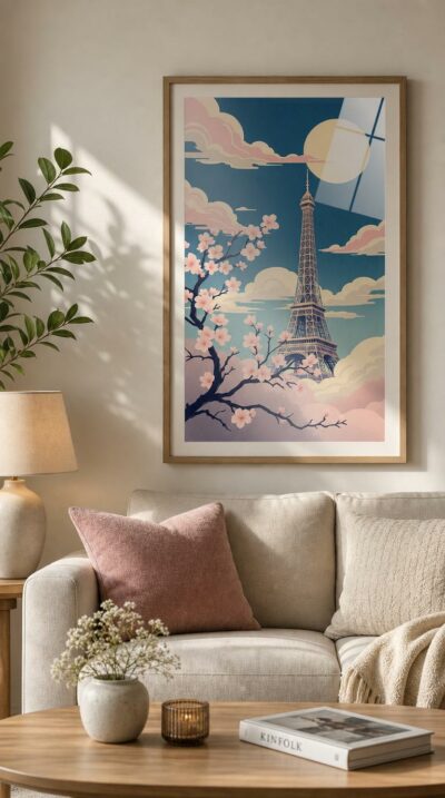 The Eiffel Tower as a Japanese woodblock view, flat bold color and clean outline beneath drifting clouds and a branch in blossom.