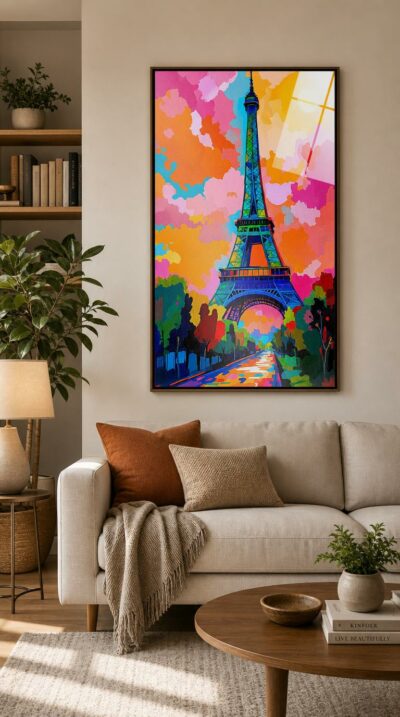 The Eiffel Tower rises in emerald and cobalt against a sky of pink and orange, a blazing yellow sun crowning the scene.