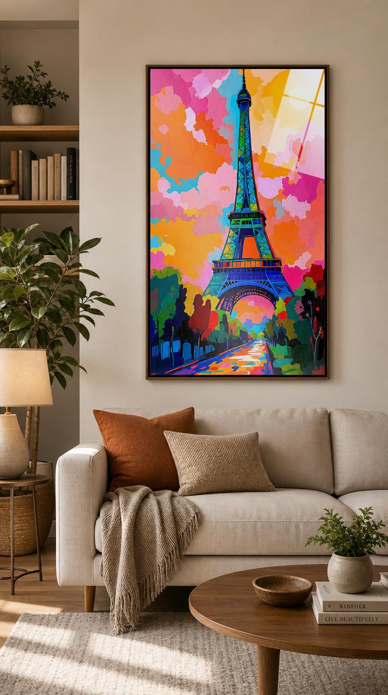 The Eiffel Tower rises in emerald and cobalt against a sky of pink and orange, a blazing yellow sun crowning the scene.
