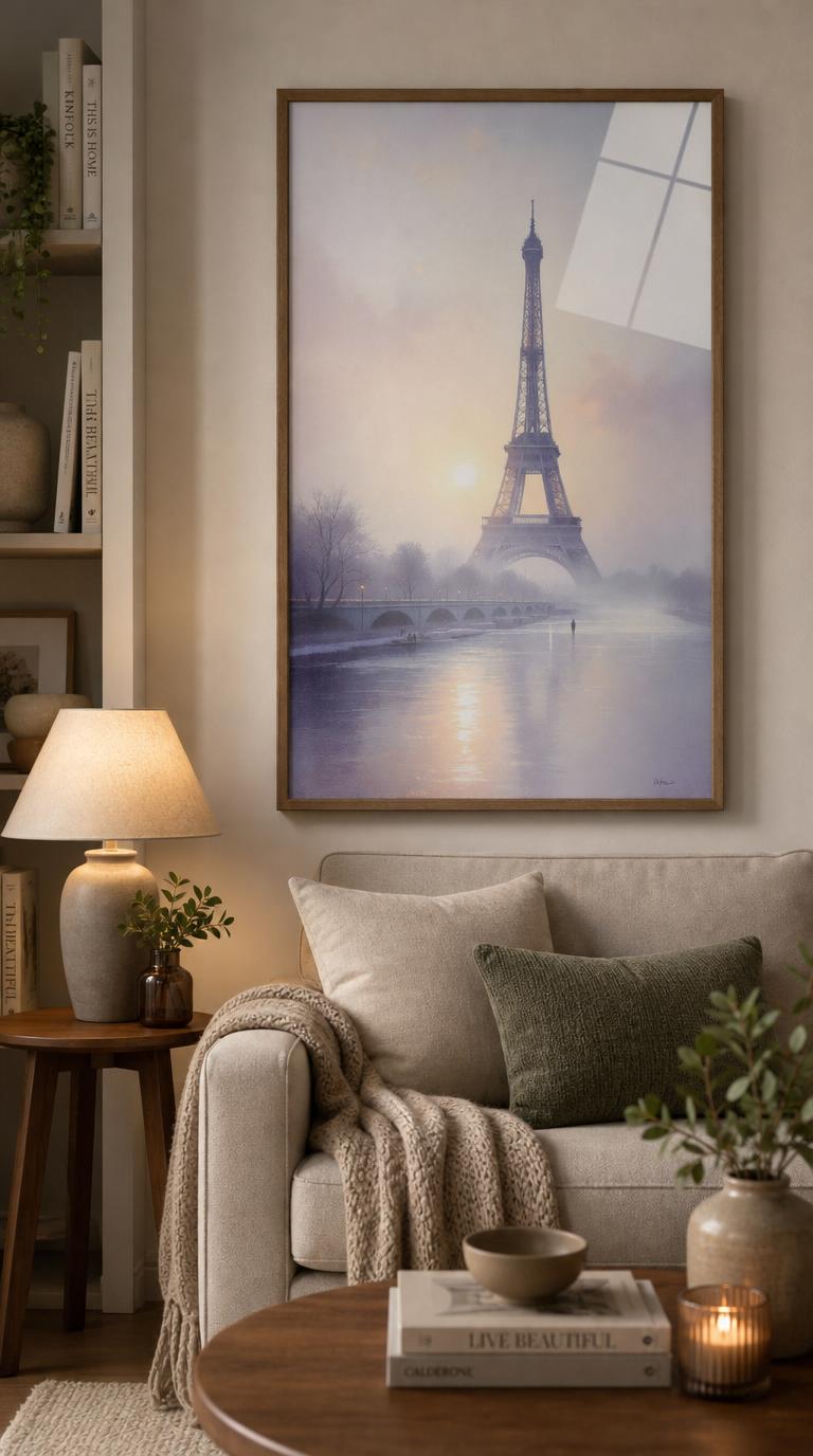 The tower rises through rose-and-blue morning mist above a glassy Seine, dissolved into shimmering broken brushstrokes of plein-air light.