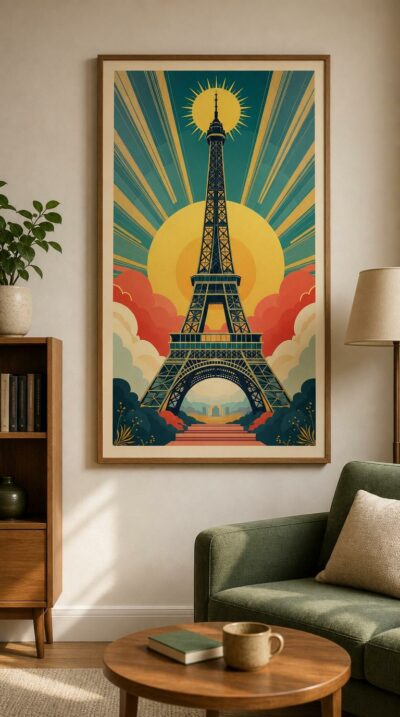 A jazz-age Eiffel Tower rises in sleek geometry beneath a radiant golden sunburst, framed by teal sky, coral clouds and a stepped rose path.