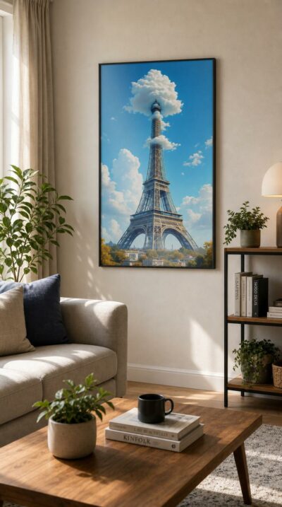 The Eiffel Tower rises into a brilliant blue sky, its summit dissolving into a billowing white cloud that crowns the iron lattice like a dream made visible.