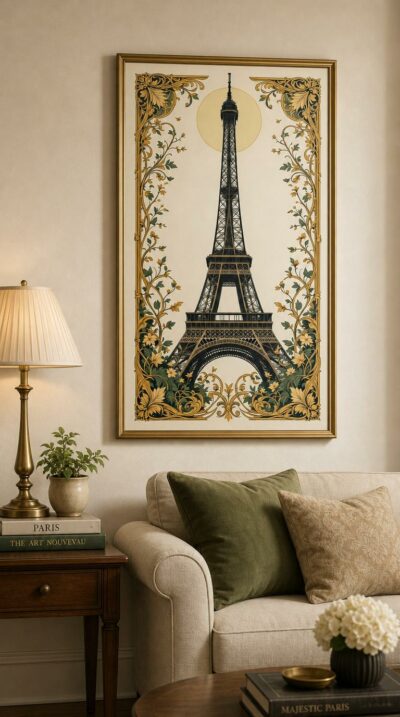 The Eiffel Tower rises against a pale golden sun, framed by sinuous ironwork that blossoms into whiplash vines and stylized flowers.