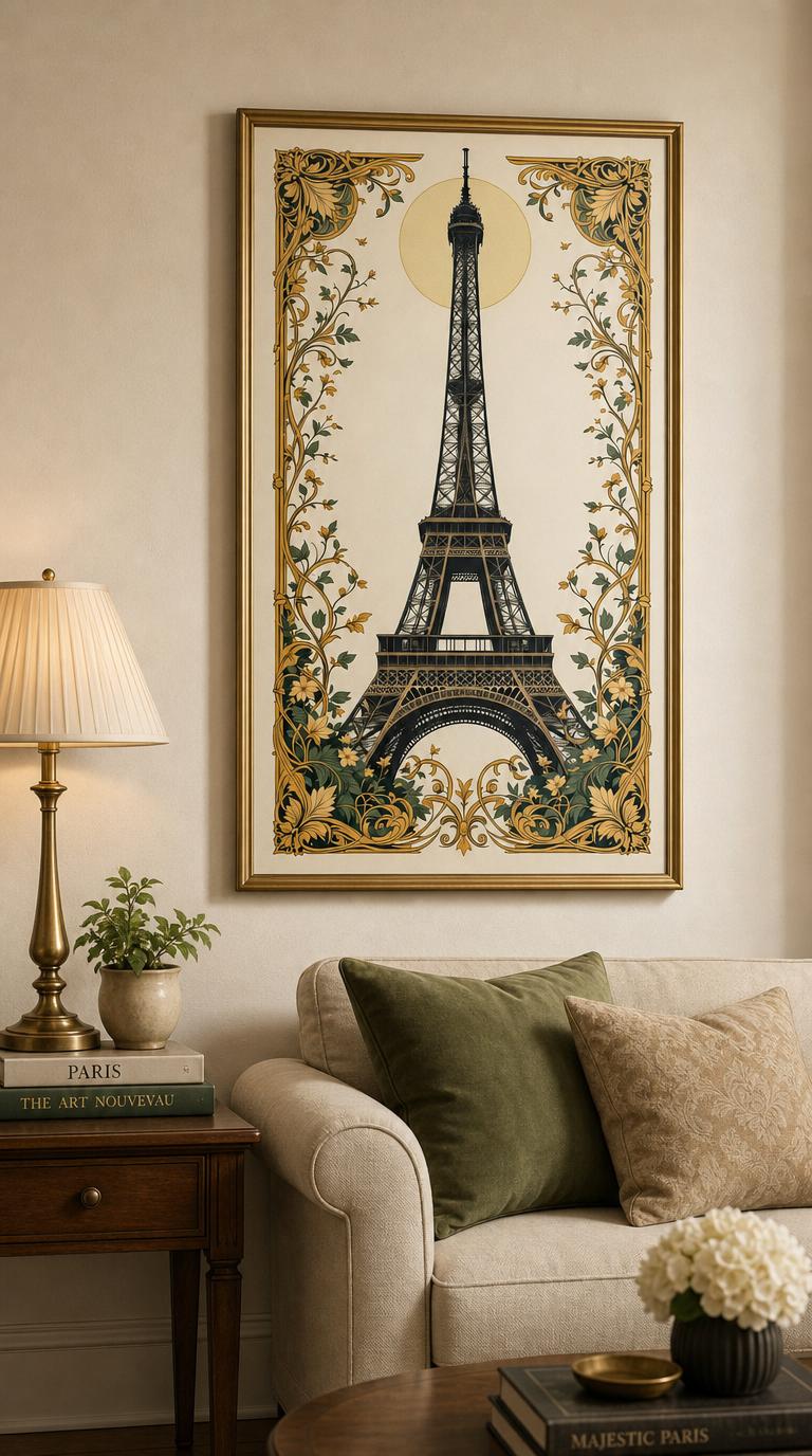 The Eiffel Tower rises against a pale golden sun, framed by sinuous ironwork that blossoms into whiplash vines and stylized flowers.