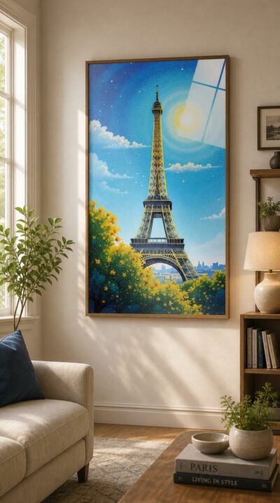 The Eiffel Tower rises through a haze of golden mimosa, built from countless dots of pure colour that shimmer beneath a radiant summer sun.