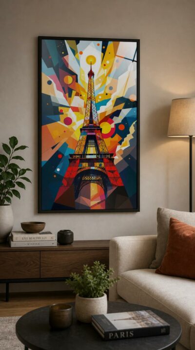 The Eiffel Tower splinters into prismatic planes and spinning colour discs, glimpsed from many angles at once beneath a white burst of light.