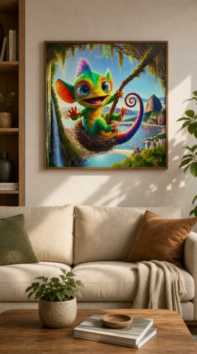 A sparkling baby chameleon with a fuchsia crest perches in a woven nest above Rio's shimmering bay, eyes wide with wonder.